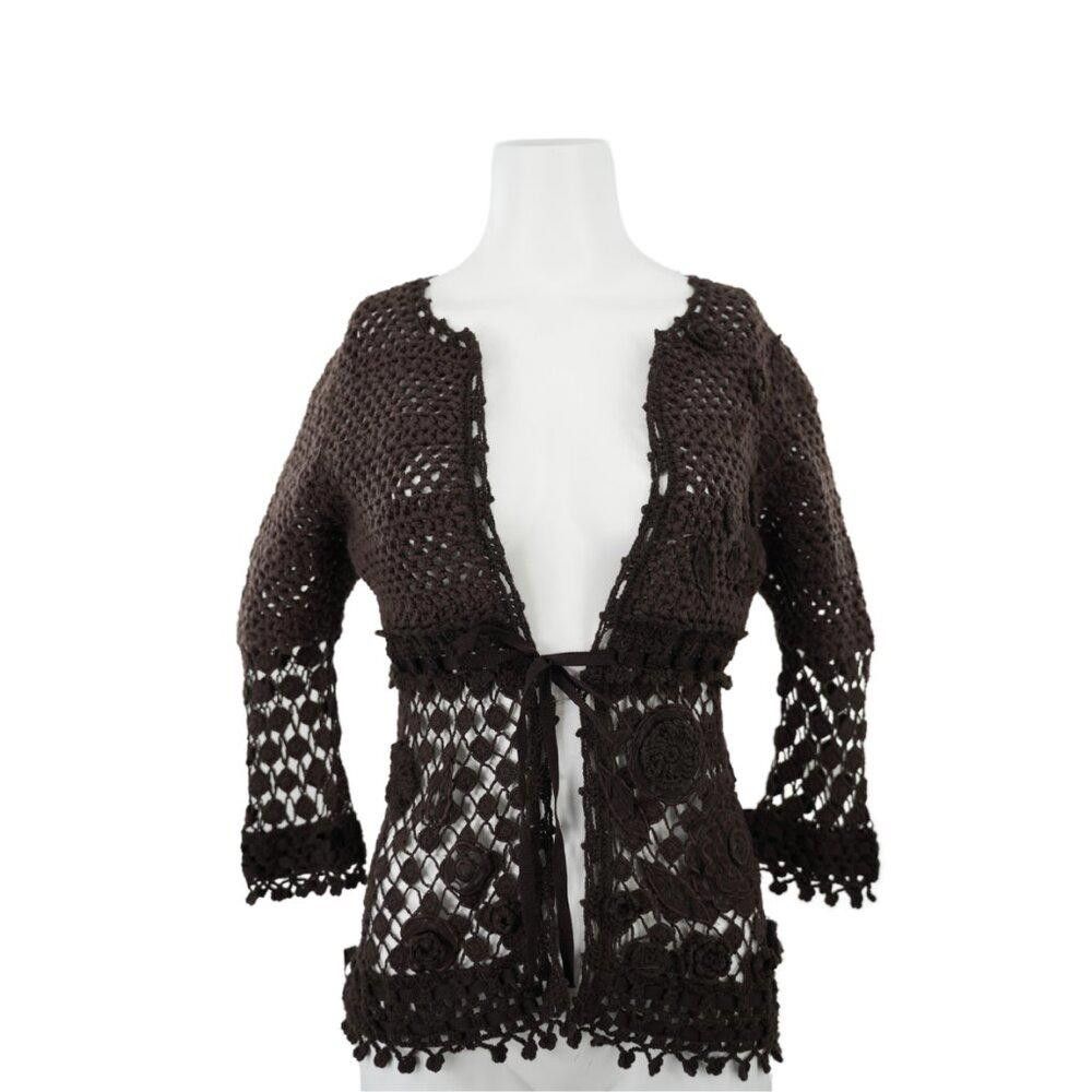 Designer Etcetera Brown Crochet Cardigan Ribbon Tie Size Medium Size M / US 6-8 / IT 42-44 - 1 Thumbnail