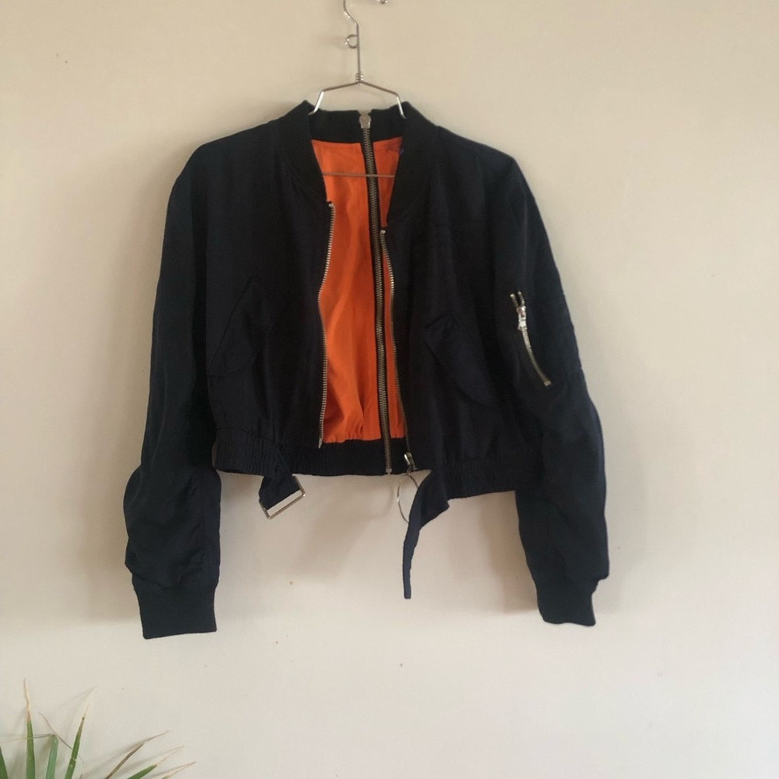 NBDN Nobrandedon Black crop bomber jacket. With back zip design and orange Size S / US 4 / IT 40 - 3 Thumbnail