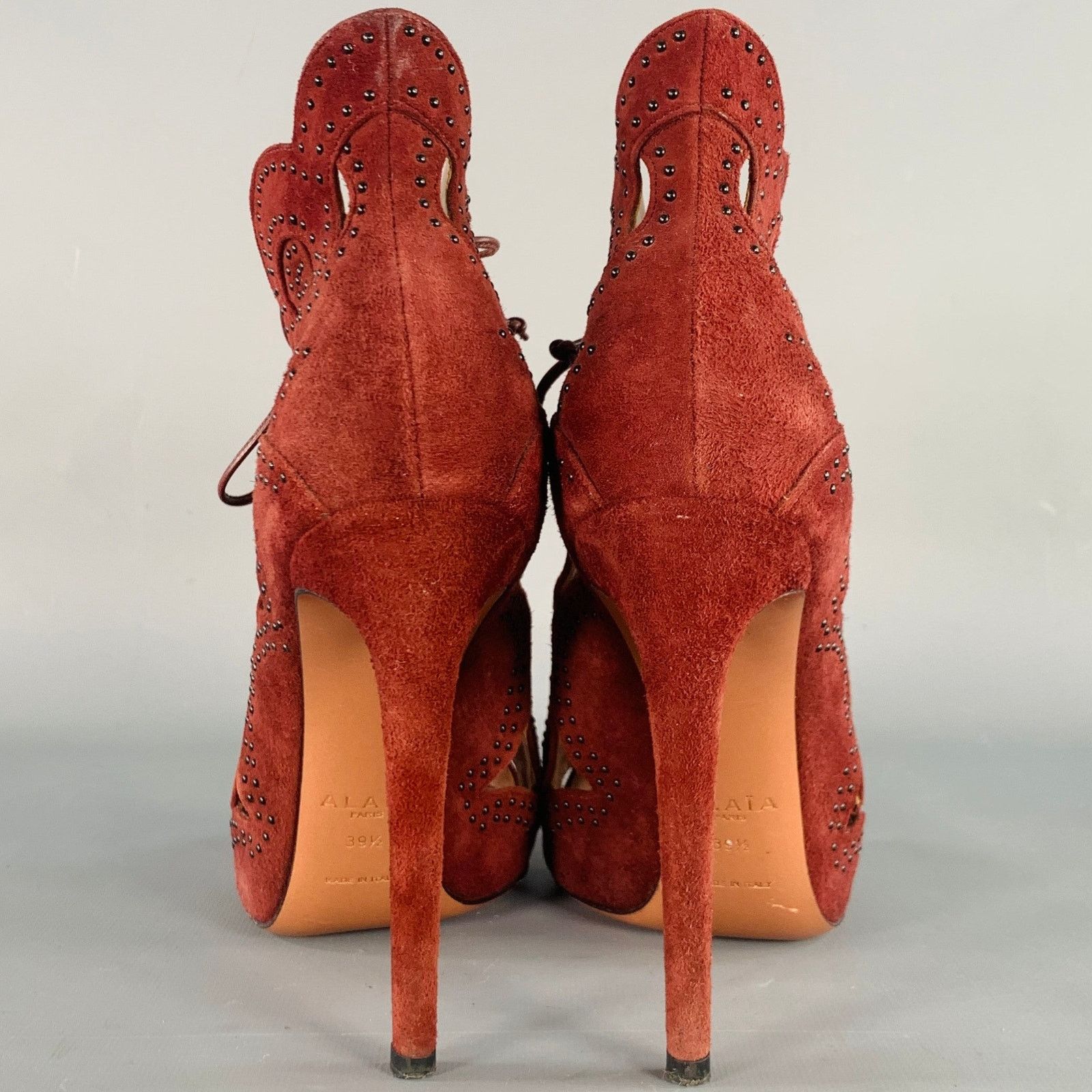 Alaia ALAIA Size 9.5 Burgundy Suede Studded Cutout Lace-Up Sandals Size US 9.5 / IT 39.5 - 3 Thumbnail