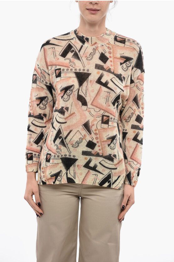 image of Fendi Crew Neck Mohair Blend Sweater With Abstract Motif in Beige, Women's (Size Medium)