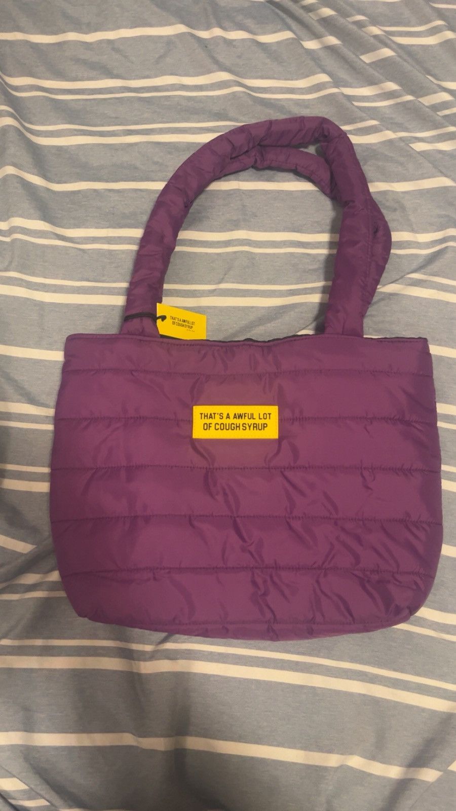 Thats A Awful Lot Of Cough Syrup Puffer Bag Retail $225 Womenswear