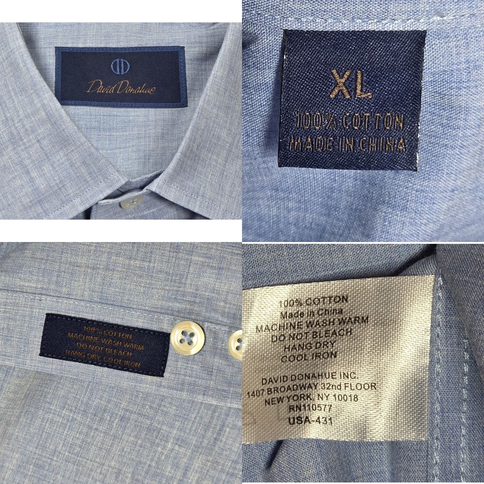 David Donahue DAVID DONAHUE MENS Button-Up Shirt XL Long Sleeve Heather Blue Cotton 2 Ply Dress Shirt Size 46R - 8 Thumbnail