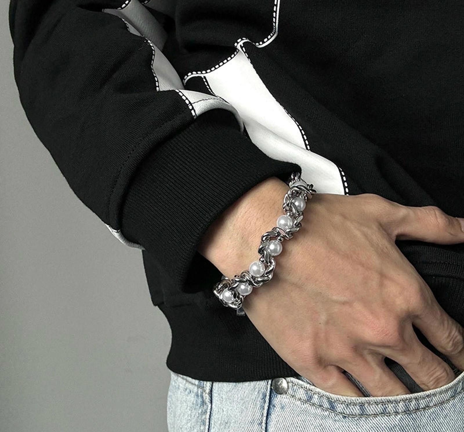 Jewelry Silver Pearl Accent Chain Link Bracelet, Men's Jewelry Size ONE SIZE - 6 Thumbnail
