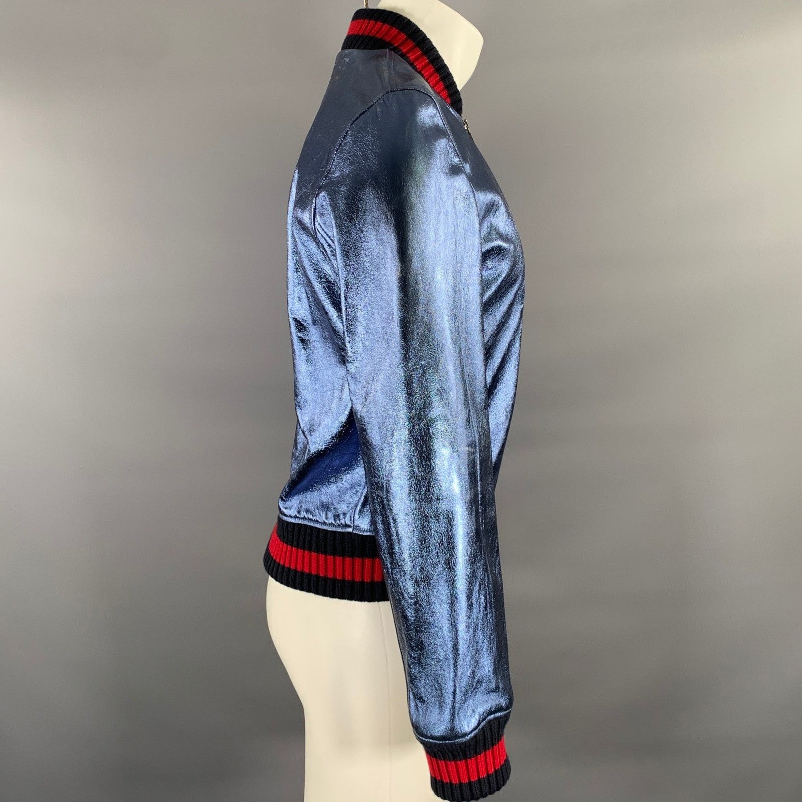 Gucci GUCCI Size 36 Blue Metallic Stripe Leather Bomber Jacket Size L / US 10 / IT 46 - 3 Thumbnail