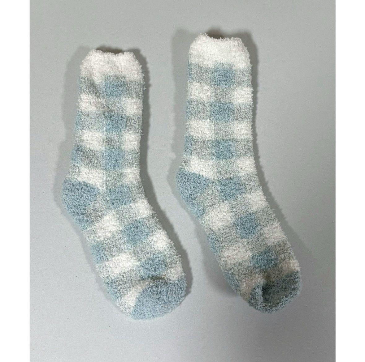 Vintage Blue White Pastel Plaid Checkered Plush Fuzzy Winter Socks ❄️ Size ONE SIZE - 2 Thumbnail