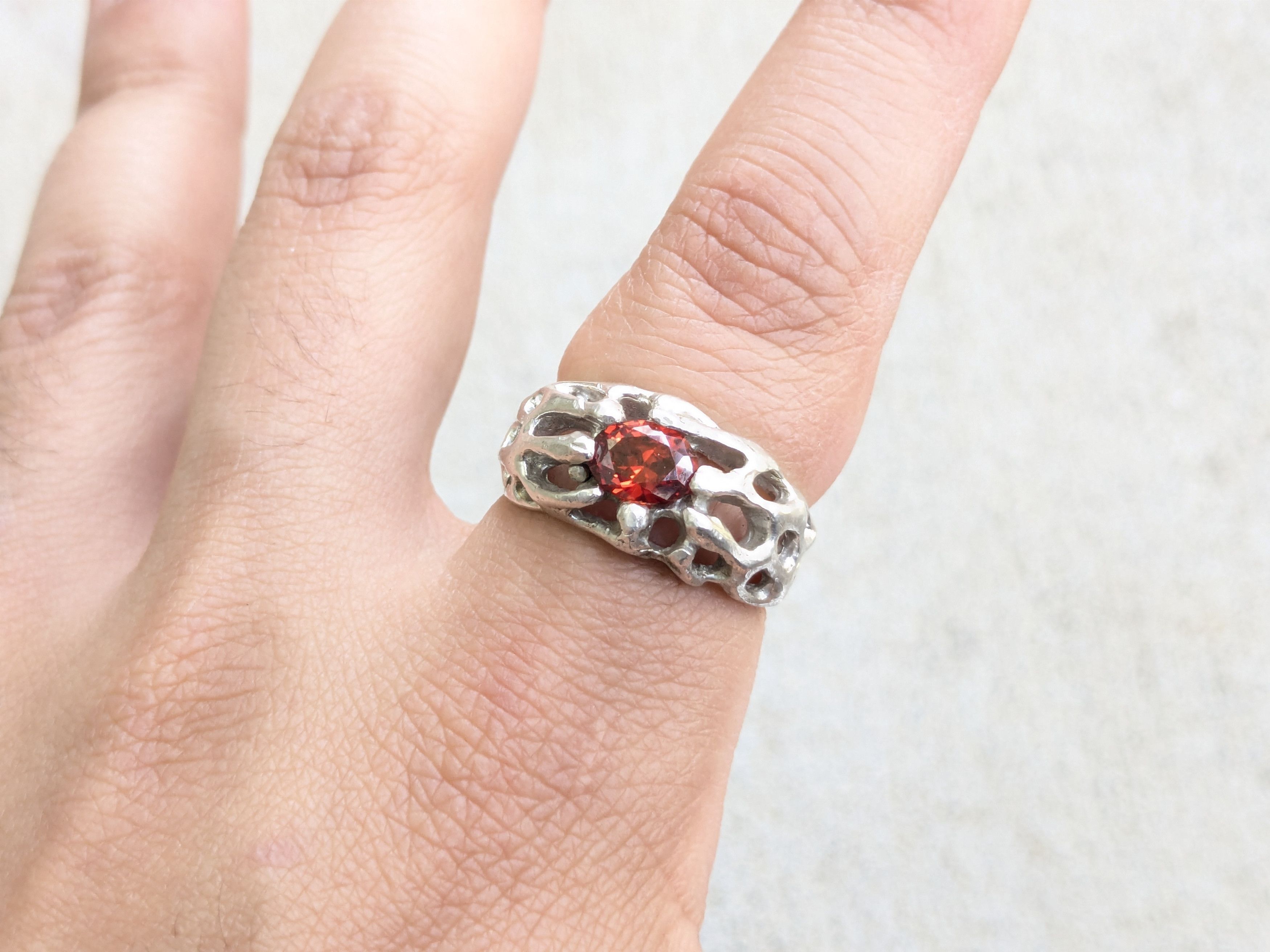 Sterling Silver Vintage Sterling Silver Ring Red Garnet Brutalist Modern Size ONE SIZE - 9 Thumbnail