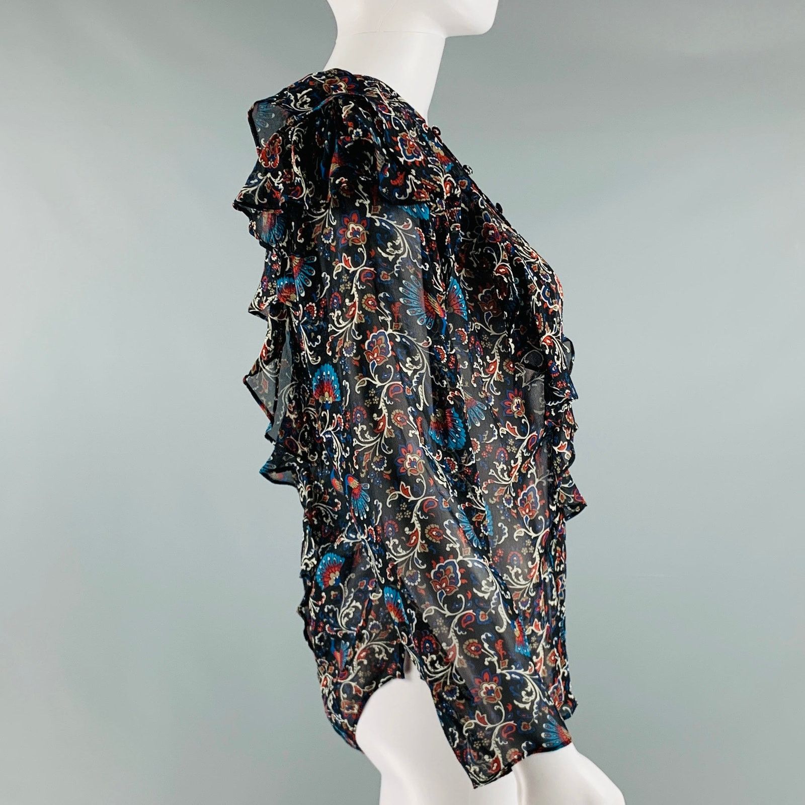 Veronica Beard VERONICA BEARD 8 Black Multi-Color Silk Print Ruffle Blouse Size M / US 6-8 / IT 42-44 - 3 Thumbnail