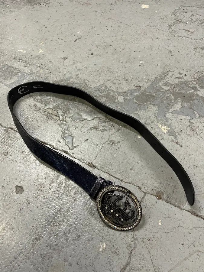 Designer × Roberto Cavalli × Vintage 2000s Cavalli Pave Crown Buckle Blue Aura Leather Belt Size ONE SIZE - 4 Thumbnail
