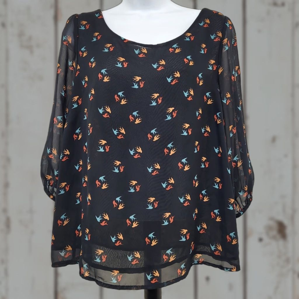 Bell A.N.A Blouse Women's M Black Sheer Bell Sleeve Bird Print Peasant Boho Blouse / Bohemian Shirt Men/Women? Size M / US 6-8 / IT 42-44 - 1 Thumbnail