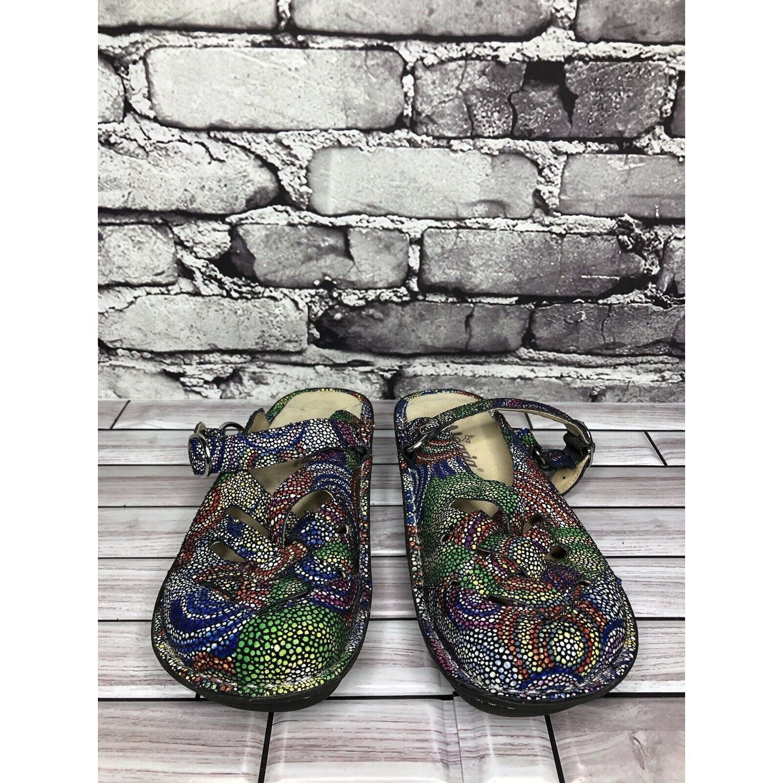 Allegri Alegria Fre-387 Rainbow Mosaic Leather Strap Clogs Shoes Wom Size US 5 / IT 35 - 18 Thumbnail