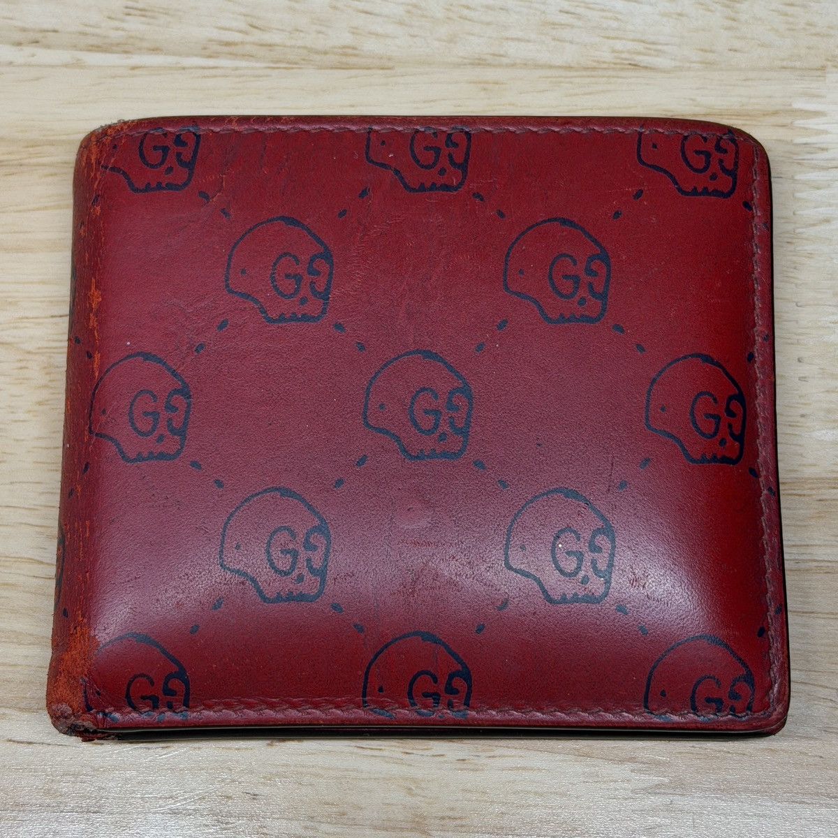 Calfskin Gucci Ghost Hamlet Skull Wallet Hibiscus Red 356101