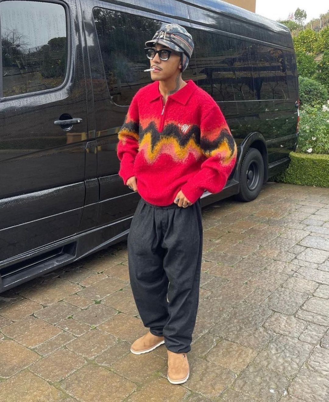 image of Wish&me Luck Heavy Weight Mohair Quater Zip Sweater in Red, Men's (Size Medium)