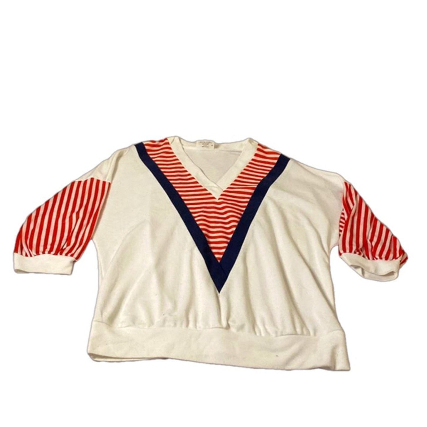 Other Vintage 80s Tops’n Tops Miami Red Stripe V-Neck Blouse 12 Size XL / US 12-14 / IT 48-50 - 2 Thumbnail