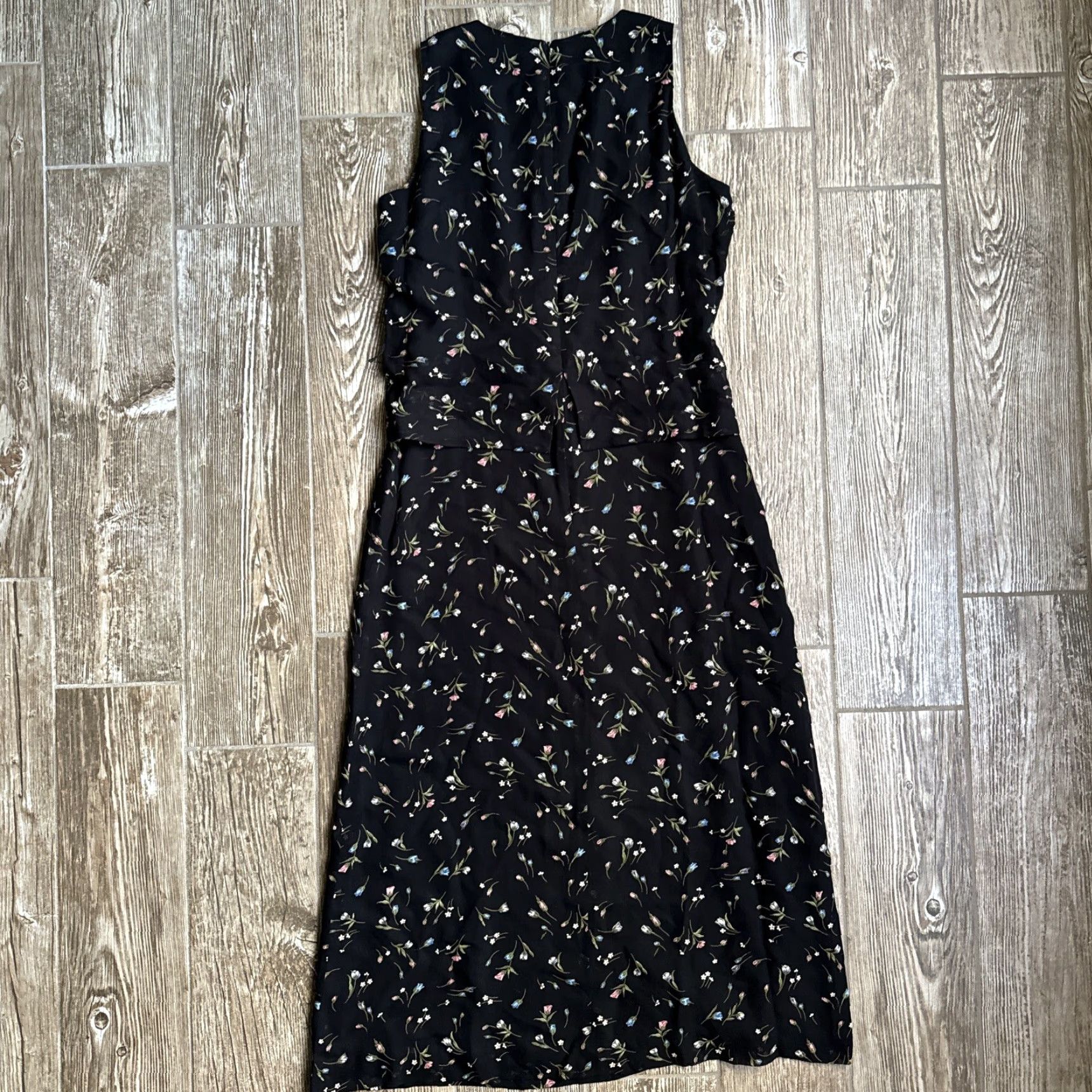 VINTAGE Jones New York Maxi Dress Floral Sleeveless Crew Zip Layered Satin  Black 6P Womens Y2K
