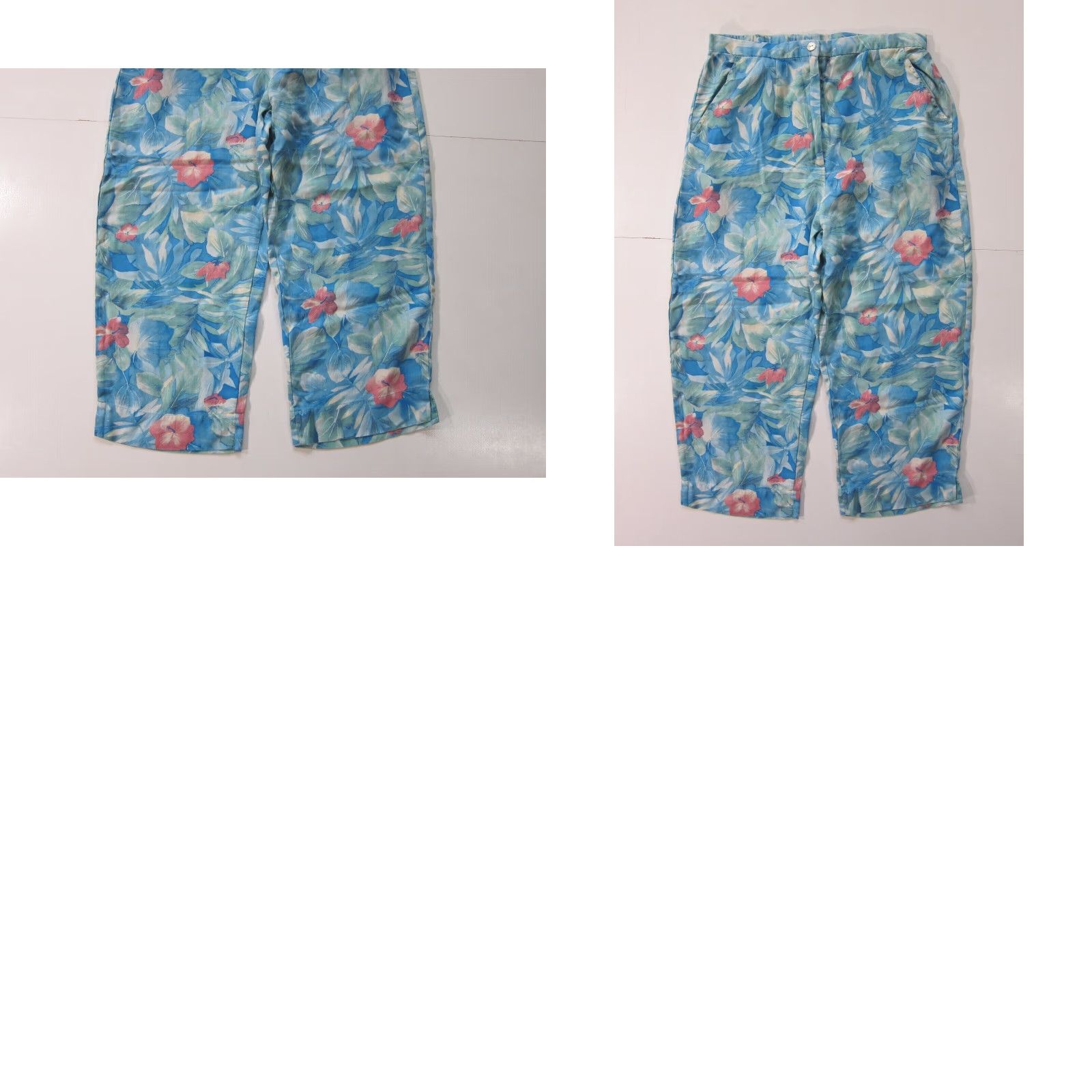 Vintage Pineapple Moon 100% Silk Capri Pant Women Small Blue Floral Hawaiian Pink 80s 90s Wide-Leg Pockets Zip Button Dressy Casual Size 28" / US 6 / IT 42 - 8 Thumbnail