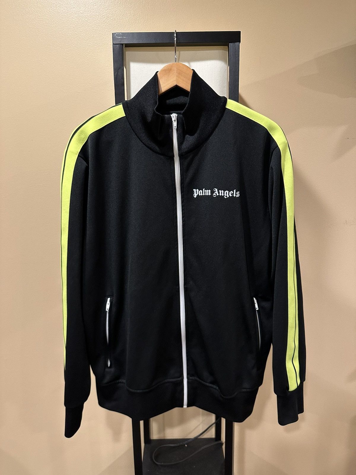 image of Palm Angels Classic Stripe Track Black/neon Zip Up Jacket, Men's (Size 2XL)