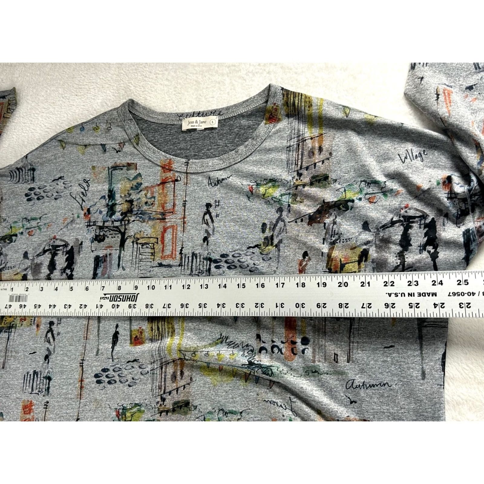 Vintage Jess & Jane Womens Heather Gray Graphic Print 3/4 Sleeve Top Large Stretch USA Made Size L / US 10 / IT 46 - 7 Thumbnail