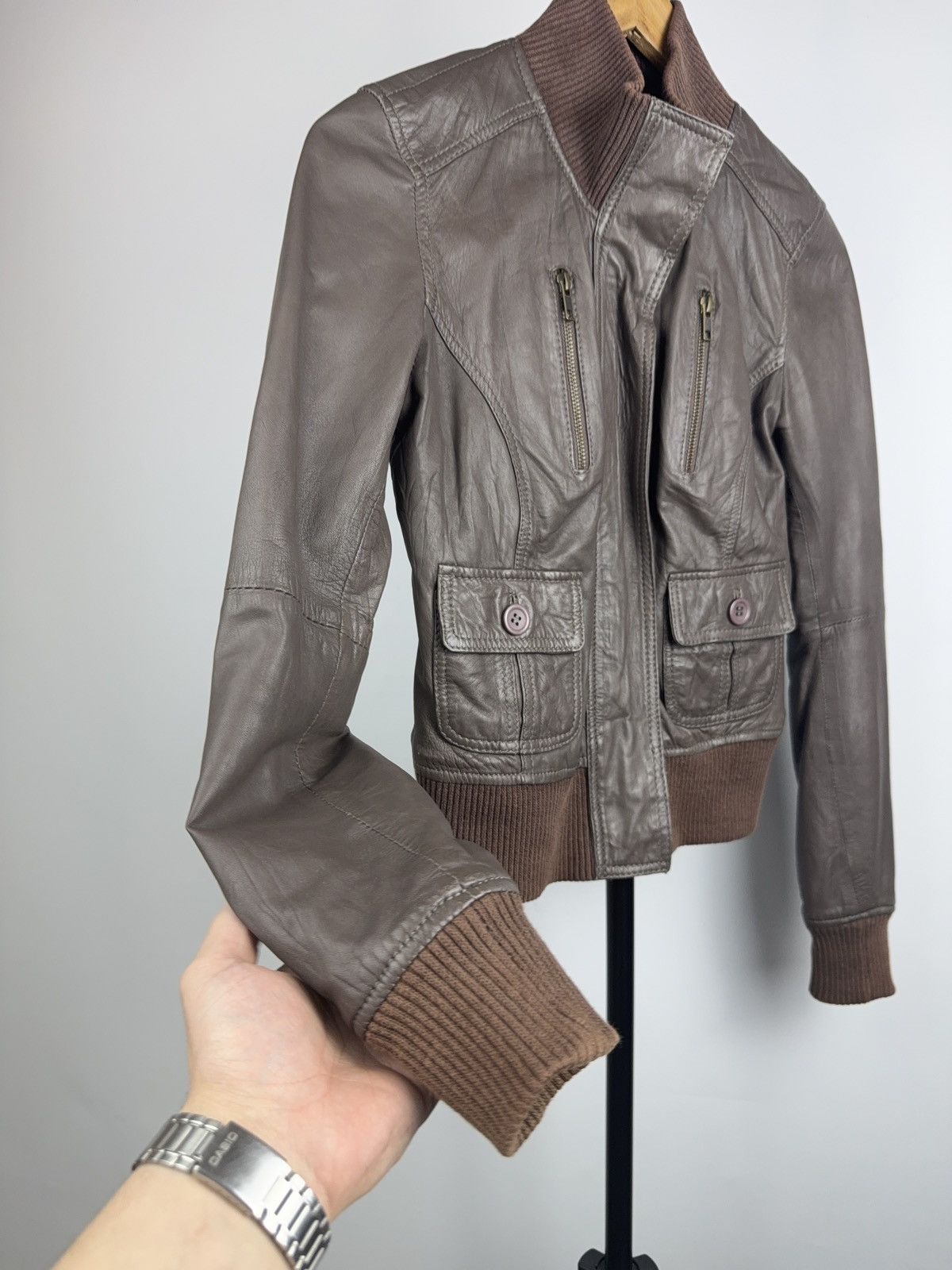 Genuine Leather Saint Tropez Cropped Rock Punk Leather Bomber Jacket XS Y2K Size XS / US 0-2 / IT 36-38 - 3 Thumbnail