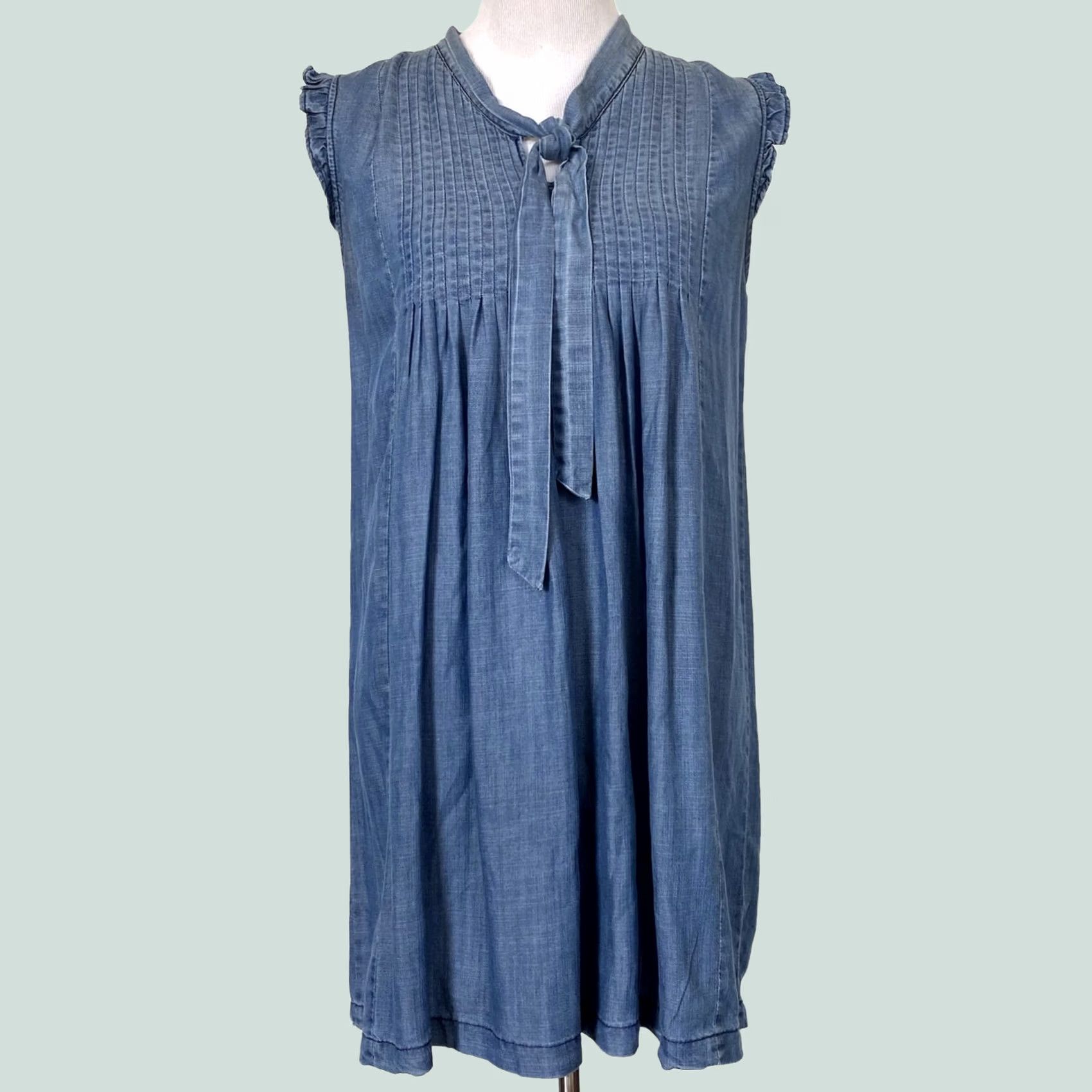 Vintage VINTAGE Current Air Dress Denim Chambray Blue Shift Pintuck Pleats Neck Tie Ruffles XS Womens Size XS / US 0-2 / IT 36-38 - 1 Thumbnail