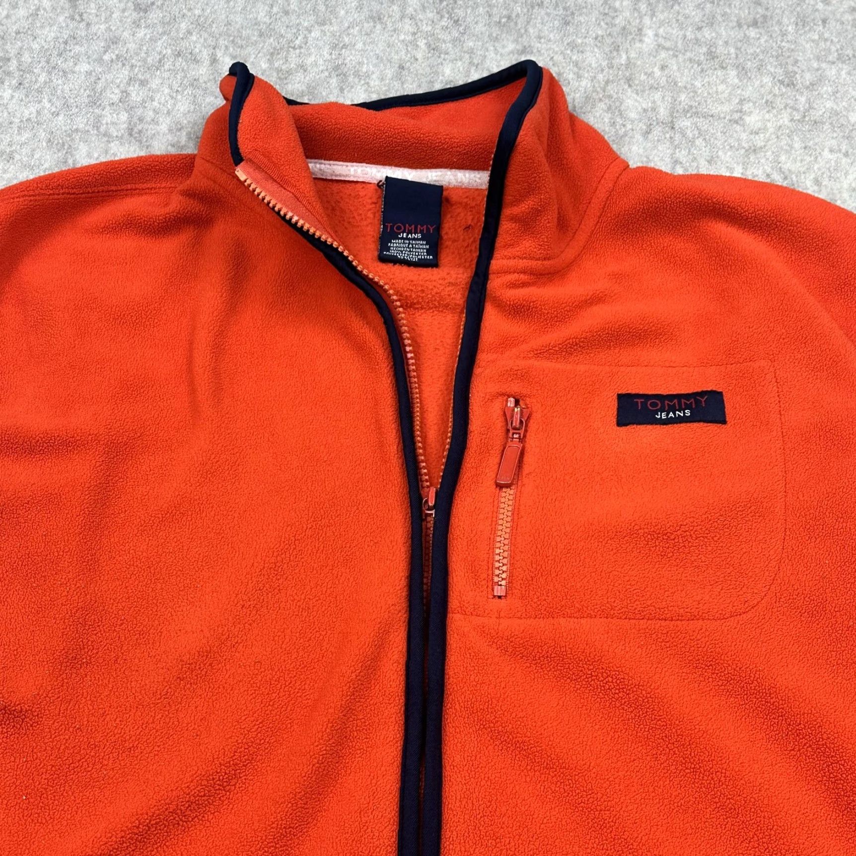 Tommy Hilfiger Tommy Jeans Vest Mens L Orange Fleece Full Zip Mock Neck Chest Pocket Logo Size 42R - 2 Thumbnail