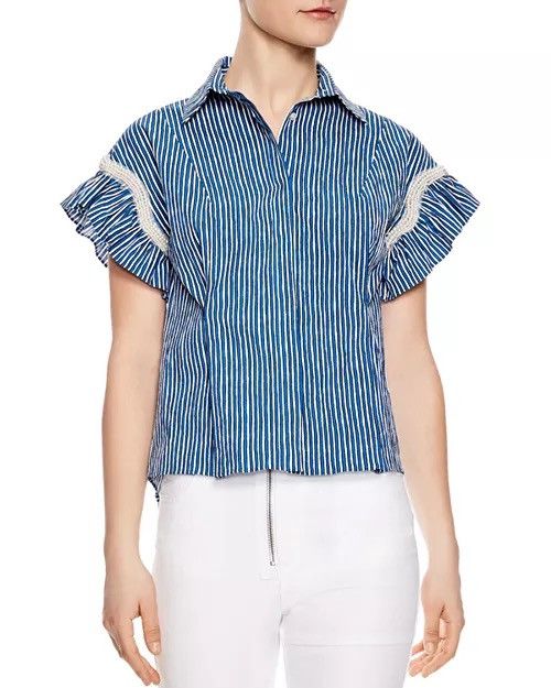 Sandro SANDRO Erine Blue Striped Ruffled-sleeve Shirt Blouse S Size S / US 4 / IT 40 - 1 Thumbnail