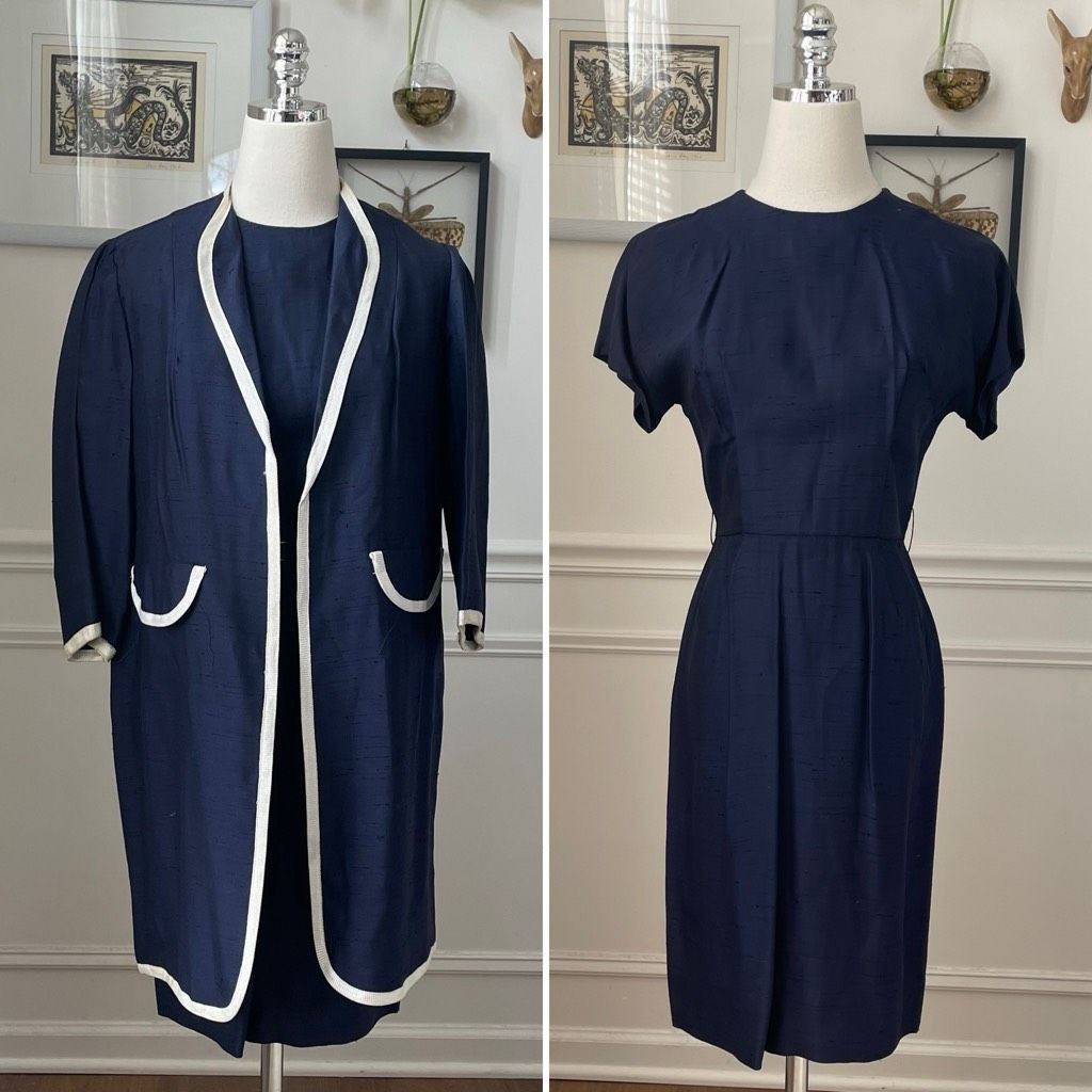 Vintage Vintage Mix & Match Dark Blue Sheath Dress Long Blazer Ivory Trim XS Size XS / US 0-2 / IT 36-38 - 1 Thumbnail