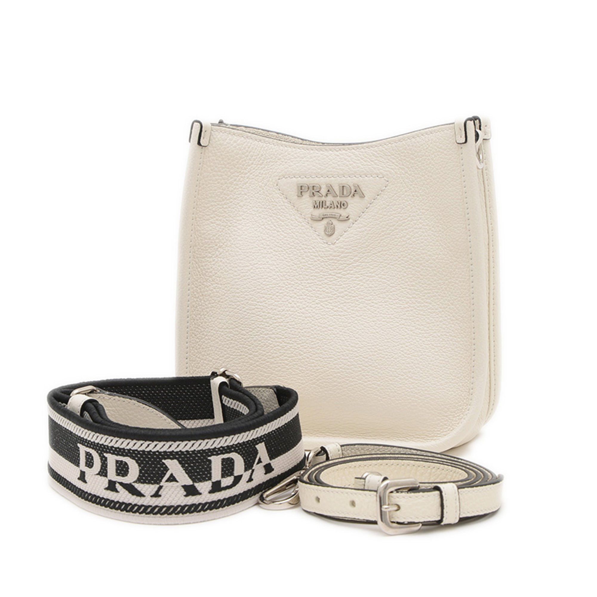 Prada Shoulder Bag Vitello Dino Leather White 1Bh191, Women's