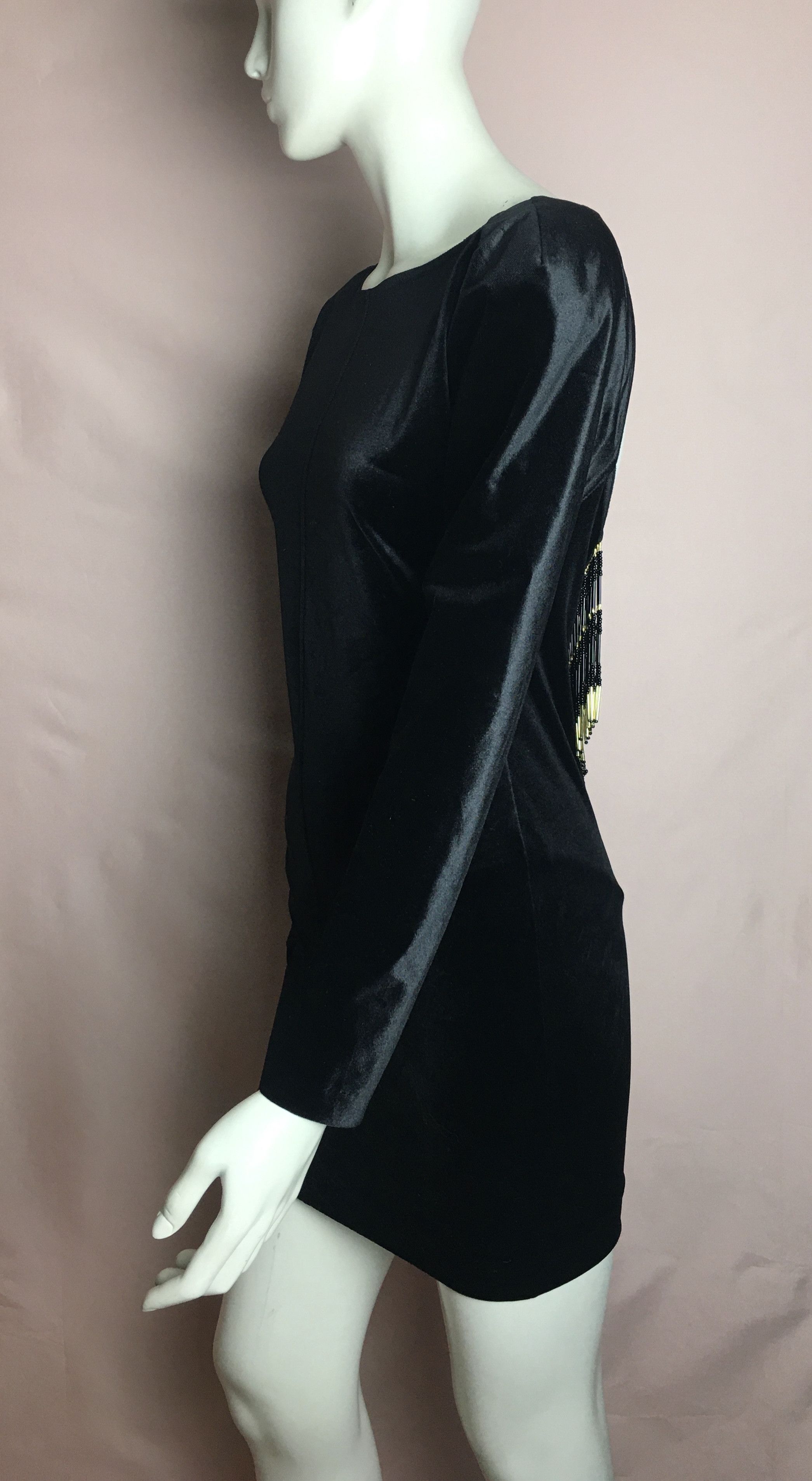 Vintage Vintage Ritmo di Perla Black Velvet Dress V-Back Gold Fringe Size L / US 10 / IT 46 - 4 Thumbnail
