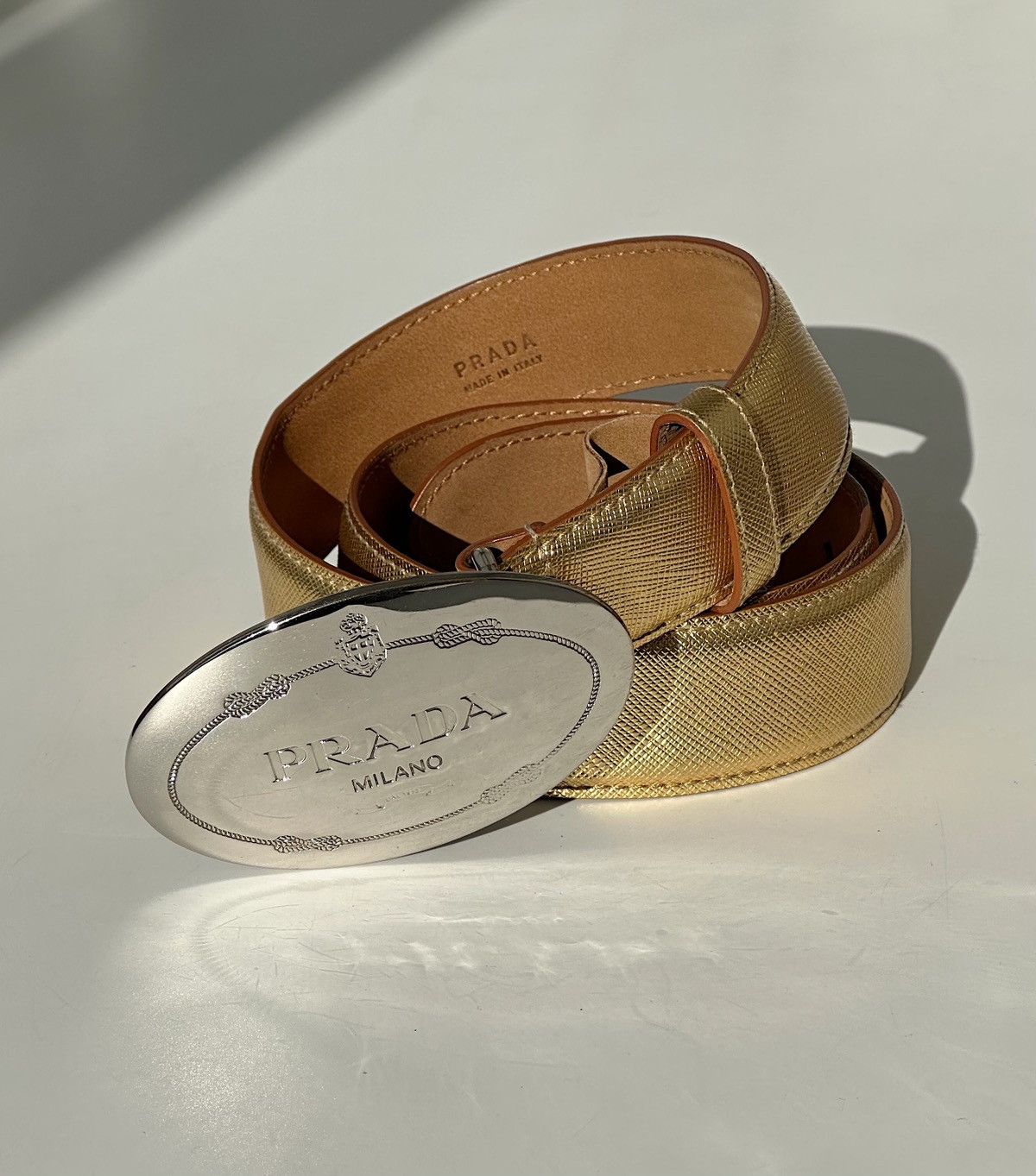 Pre-owned Prada X Vintage Prada Logo Golden Saffiano Leather Belt Buckle Runway Rapper