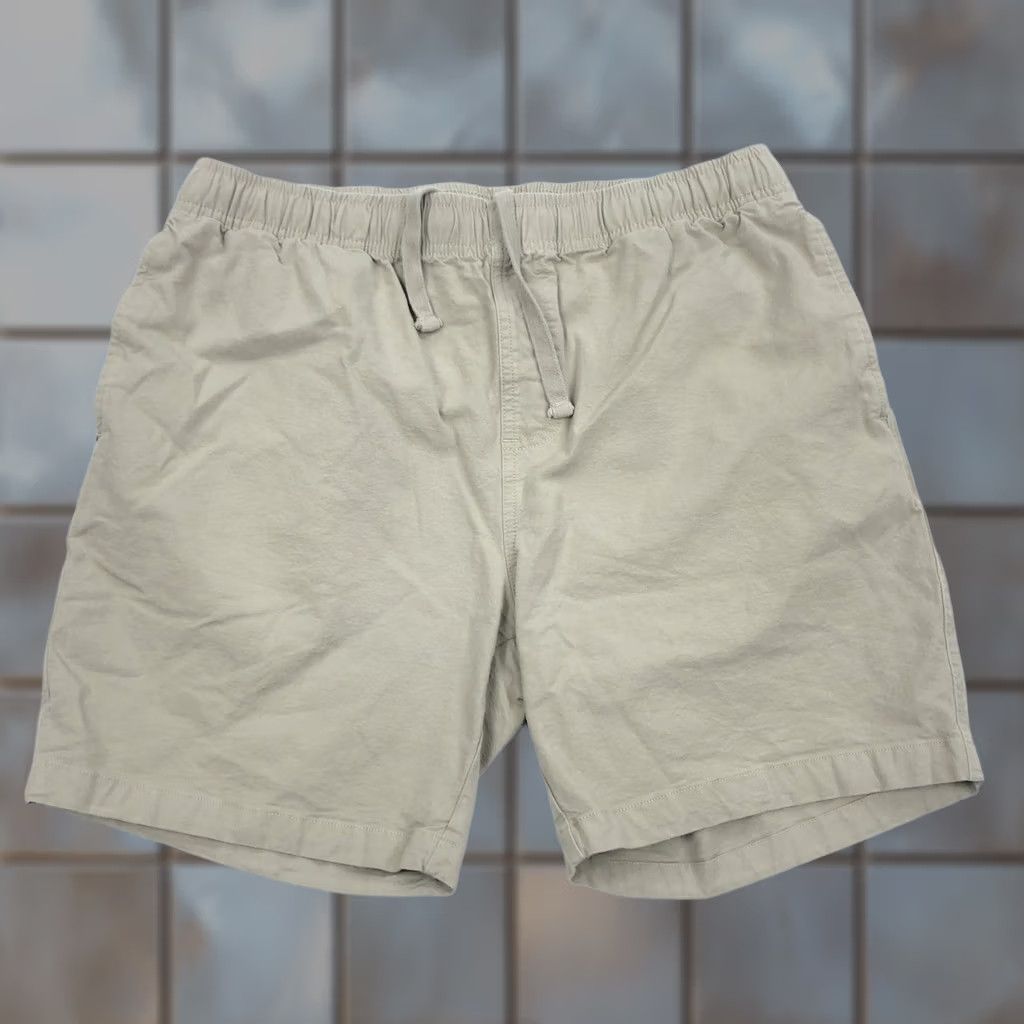 Vintage FREE FLY Men's Tan Khaki Drawstring Elastic Waist Shorts L Canvas Stretch Chino Casual Pockets, 32-36 Rise Mid Summer Spring Men Size US 33 - 1 Thumbnail