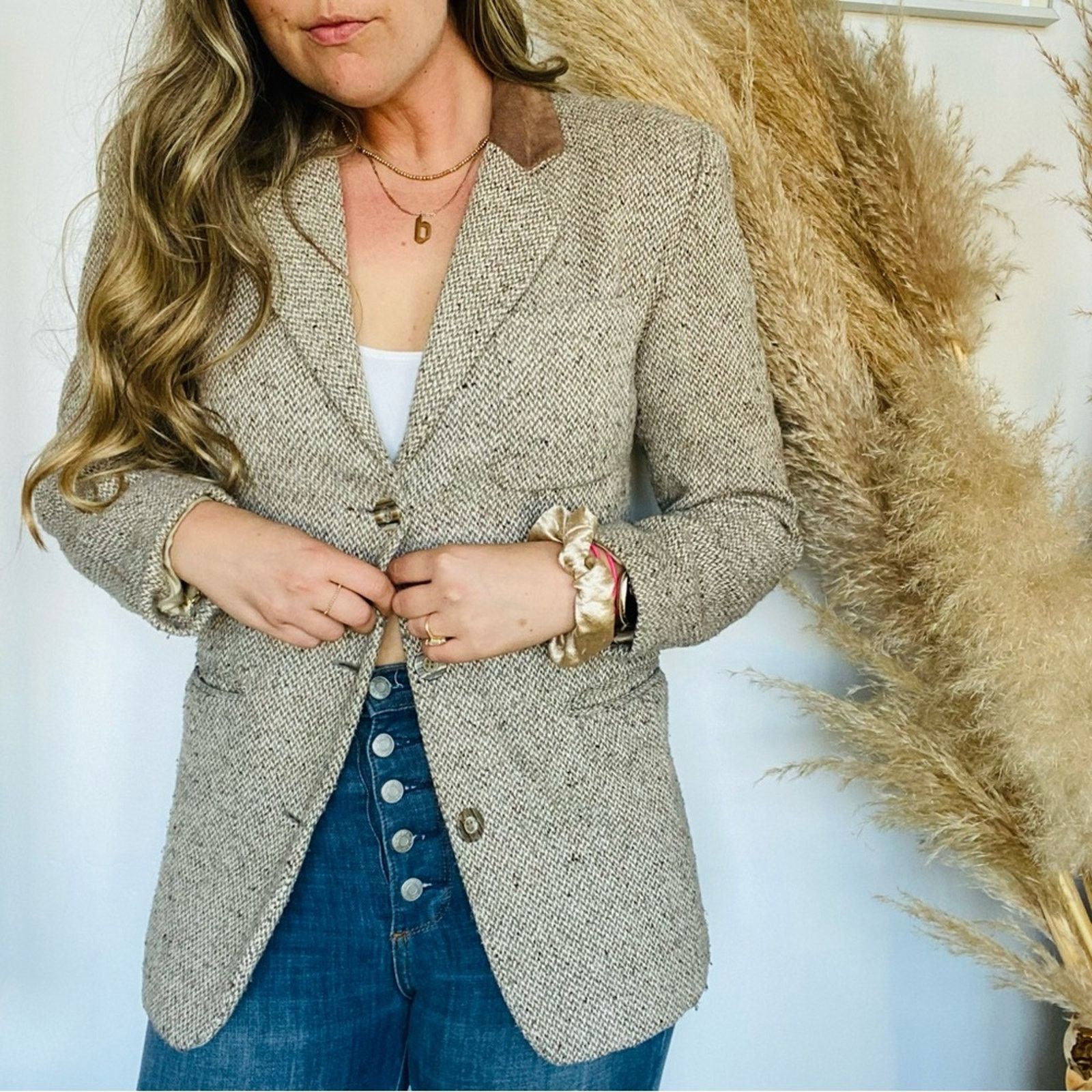Vintage VINTAGE Cream White Brown Suede Tweed Blazer Button Jacket Size S / US 4 / IT 40 - 5 Thumbnail