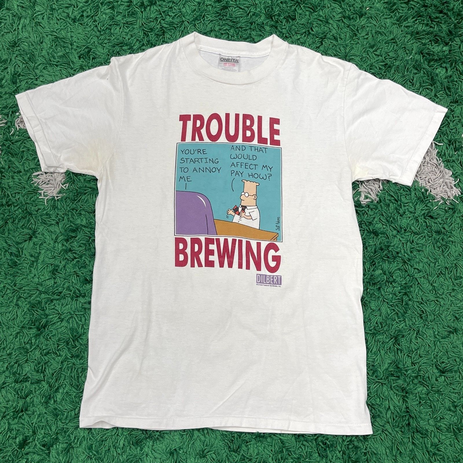 Vintage vintage 90s Oneita Dilbert Trouble Brewing Comic Strip Tee Size US M / EU 48-50 / 2 - 1 Thumbnail