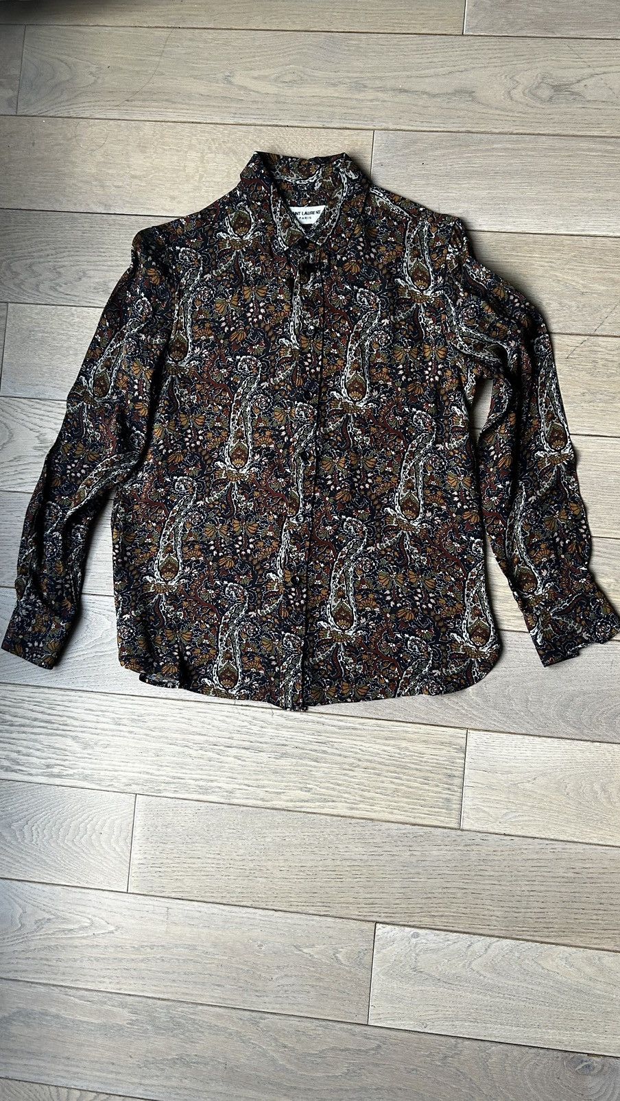 image of Saint Laurent Paris Saint Laurent Cashmere Print Button-Up in Brown, Women's (Size Medium)