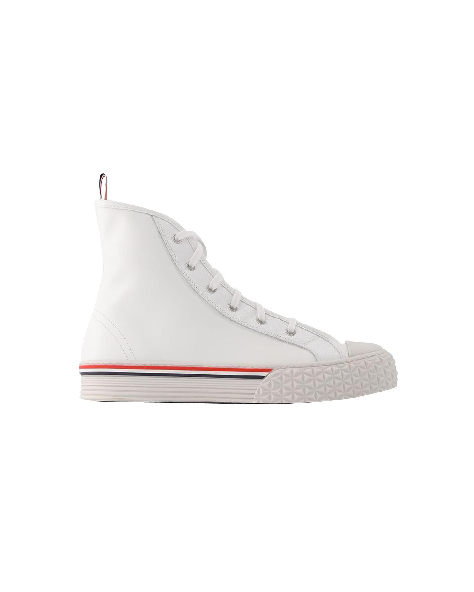 image of Thom Browne High Top Calf Leather Tartan Sole Trainers Shoes in White, Men's (Size 9)