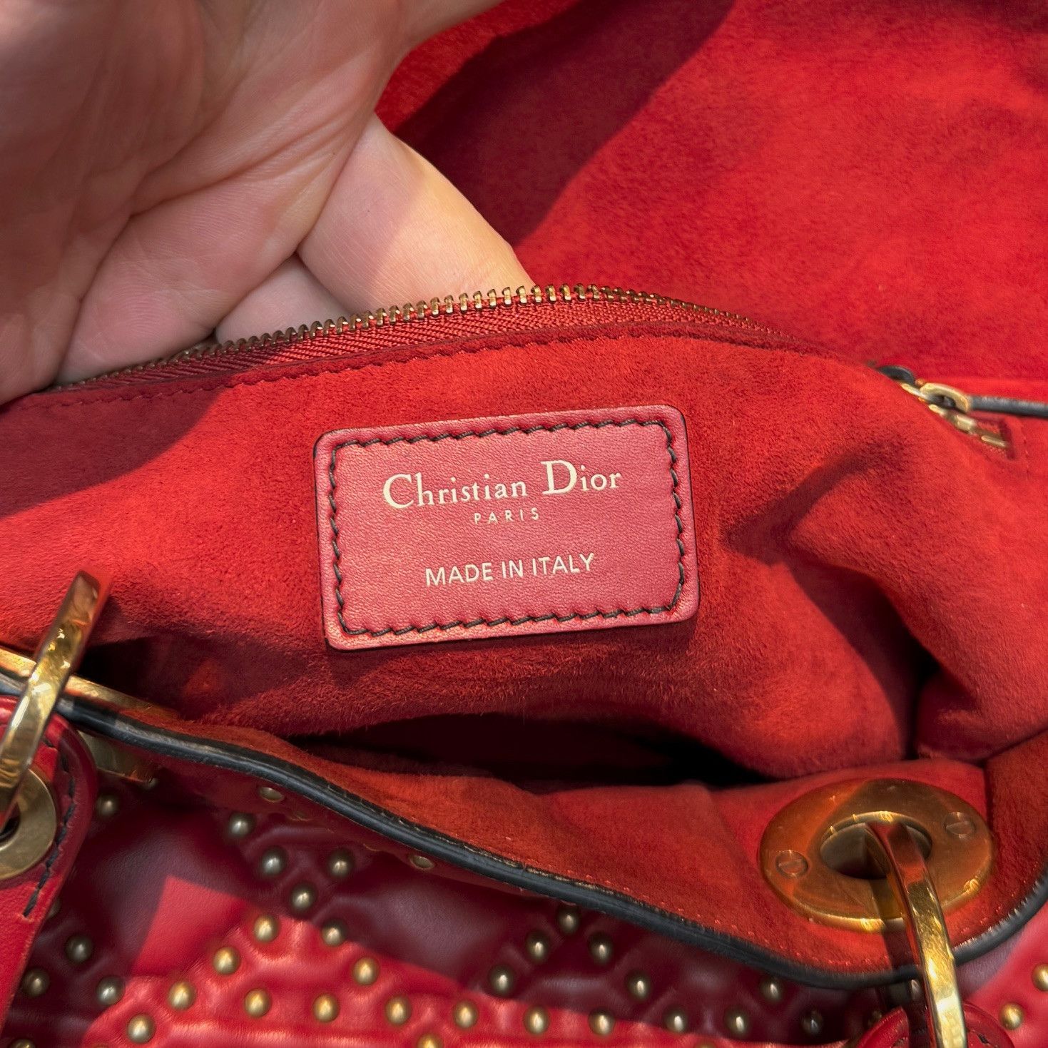 Dior Christian Dior Red Leather Gold Studded Medium Lady Dior Bag Size ONE SIZE - 17 Thumbnail