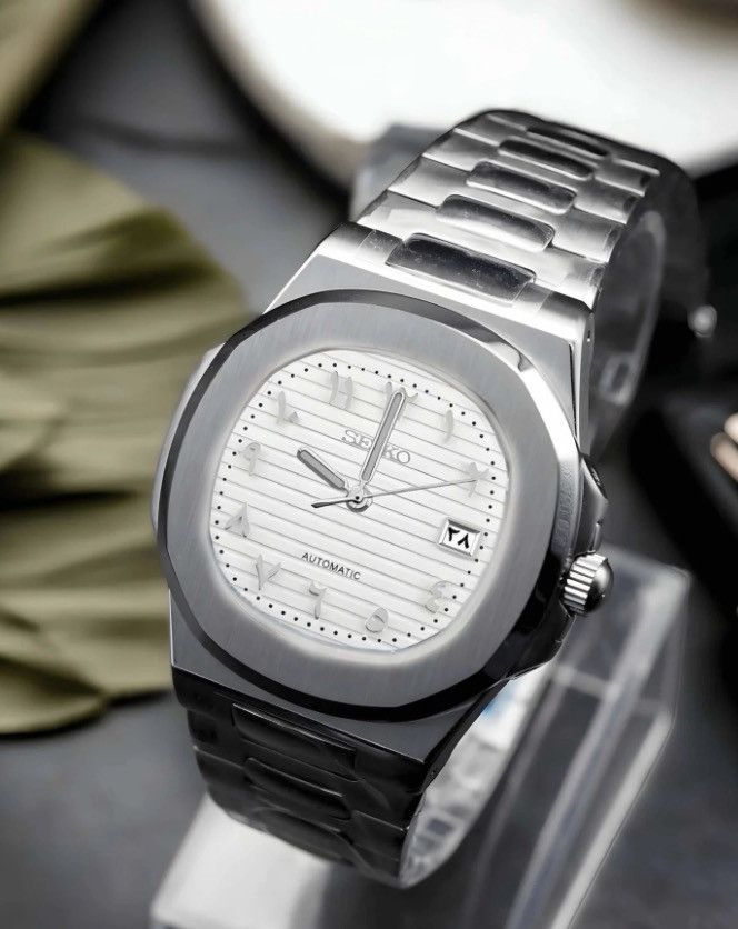Japanese Brand Seiko Mod Nautilus White Arabic Dial Steel Watch 41mm NH35 Size ONE SIZE - 3 Thumbnail