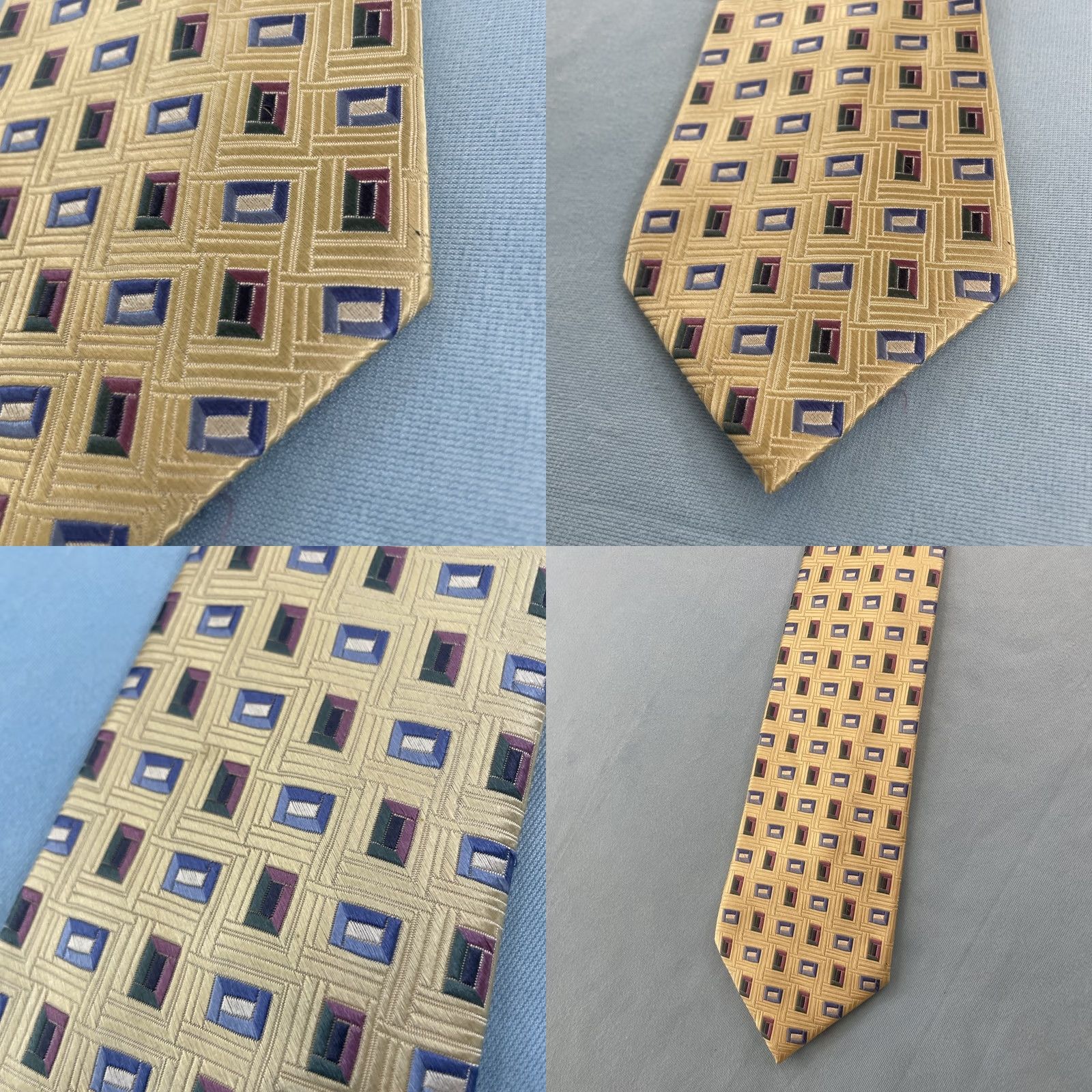 Vintage VINTAGE Tango Woven Silk Tie 61" Geometric Polka Dot Square Hand Made 4x61 Light Yellow Tie Mens 100% Silk Adjustble Some Wear Size ONE SIZE - 9 Thumbnail