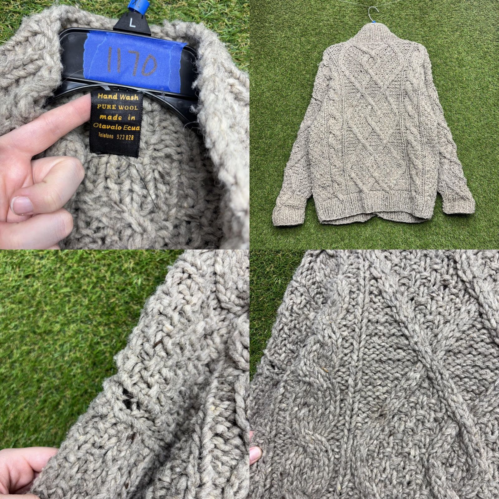 Vintage Tejidos Ecuador Wool Sweater Mens Large Gray Chunky Cable Knit Cardigan 90s Size US L / EU 52-54 / 3 - 8 Thumbnail