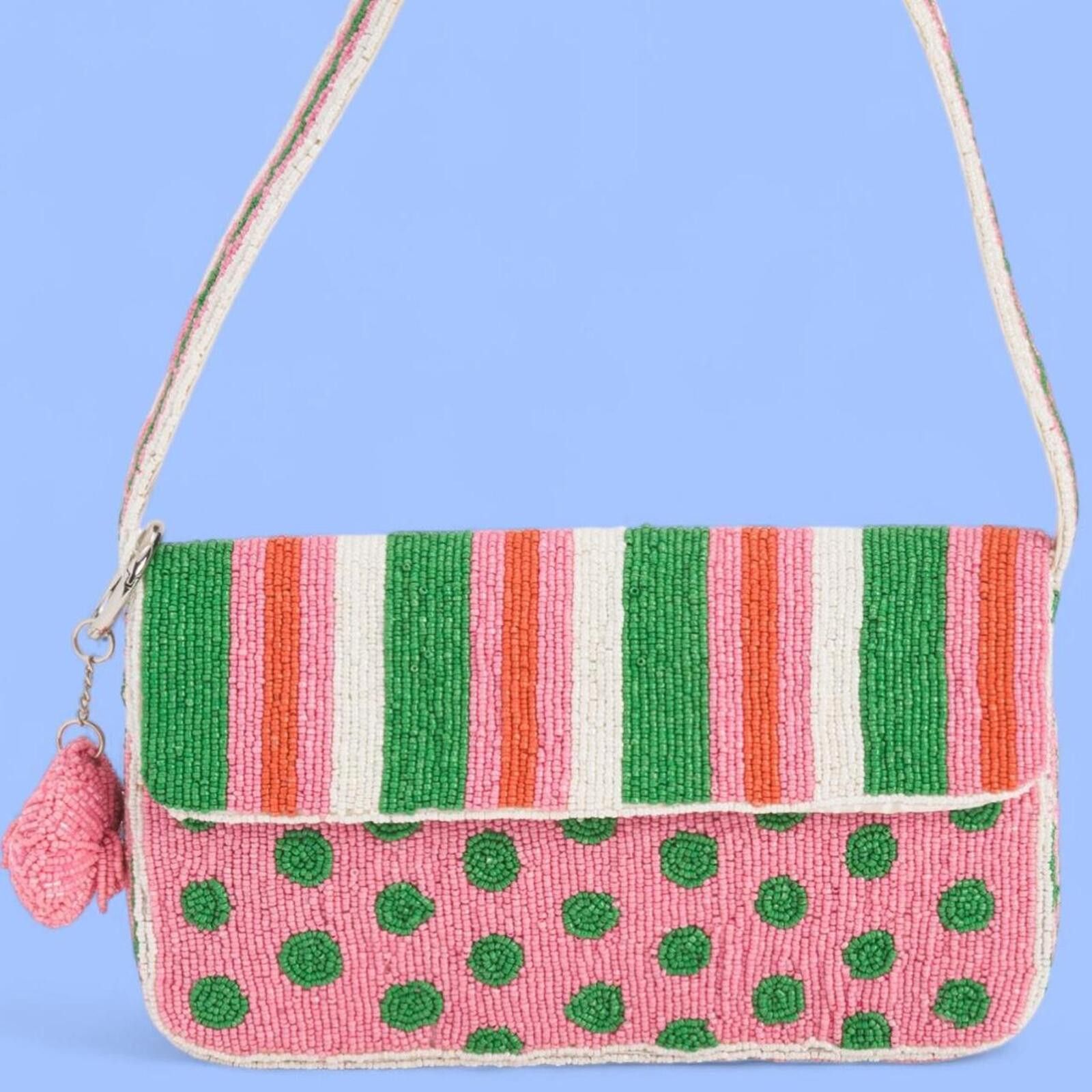 Marsell NWT TikTok Viral Pink & Green Striped Beaded Bag Size ONE SIZE - 1 Thumbnail