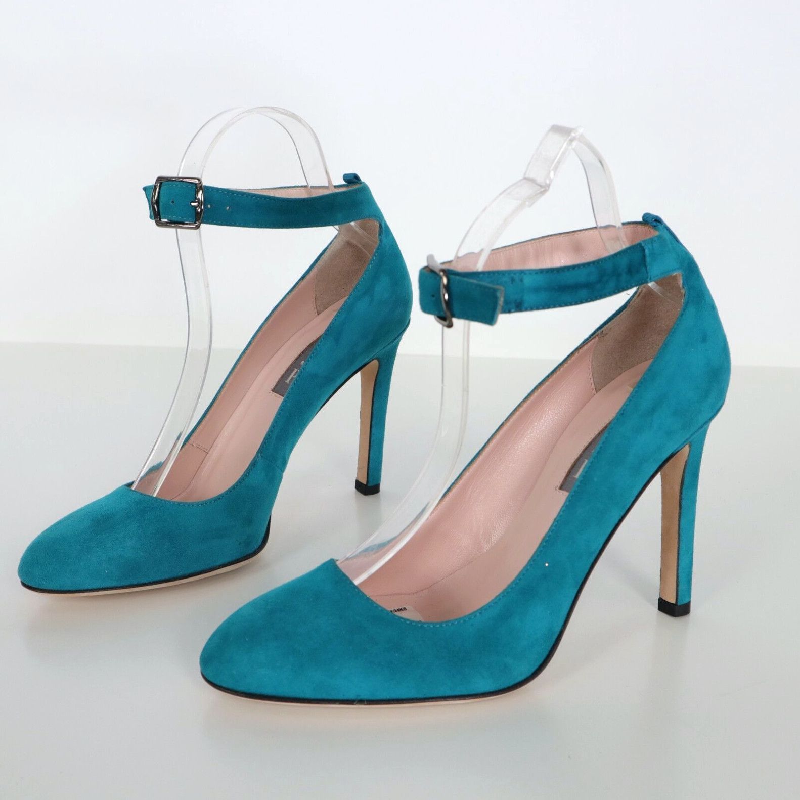 image of Altea Sjp Pumps Heel Shoes Posh Womens 7 37 New Teal Green Suede Stiletto Ankle Strap Party in Whit