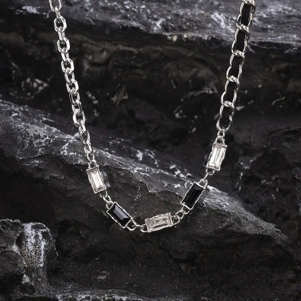 Jewelry Inlay Black White Stone Rolo Chain Collar Necklace Size ONE SIZE - 6 Thumbnail
