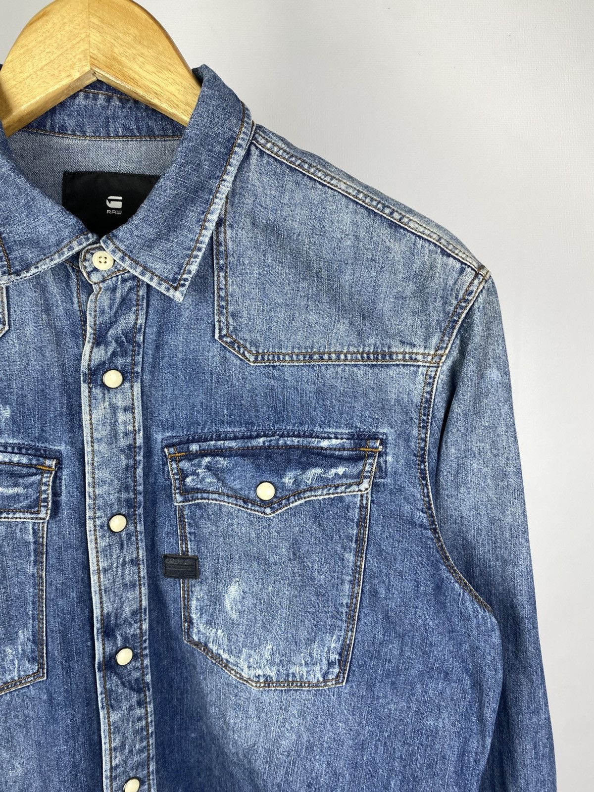 G-Star × Vintage G-Star Raw Distressed Patch Work Denim Shirt Blue Western Size US M / EU 48-50 / 2 - 4 Thumbnail