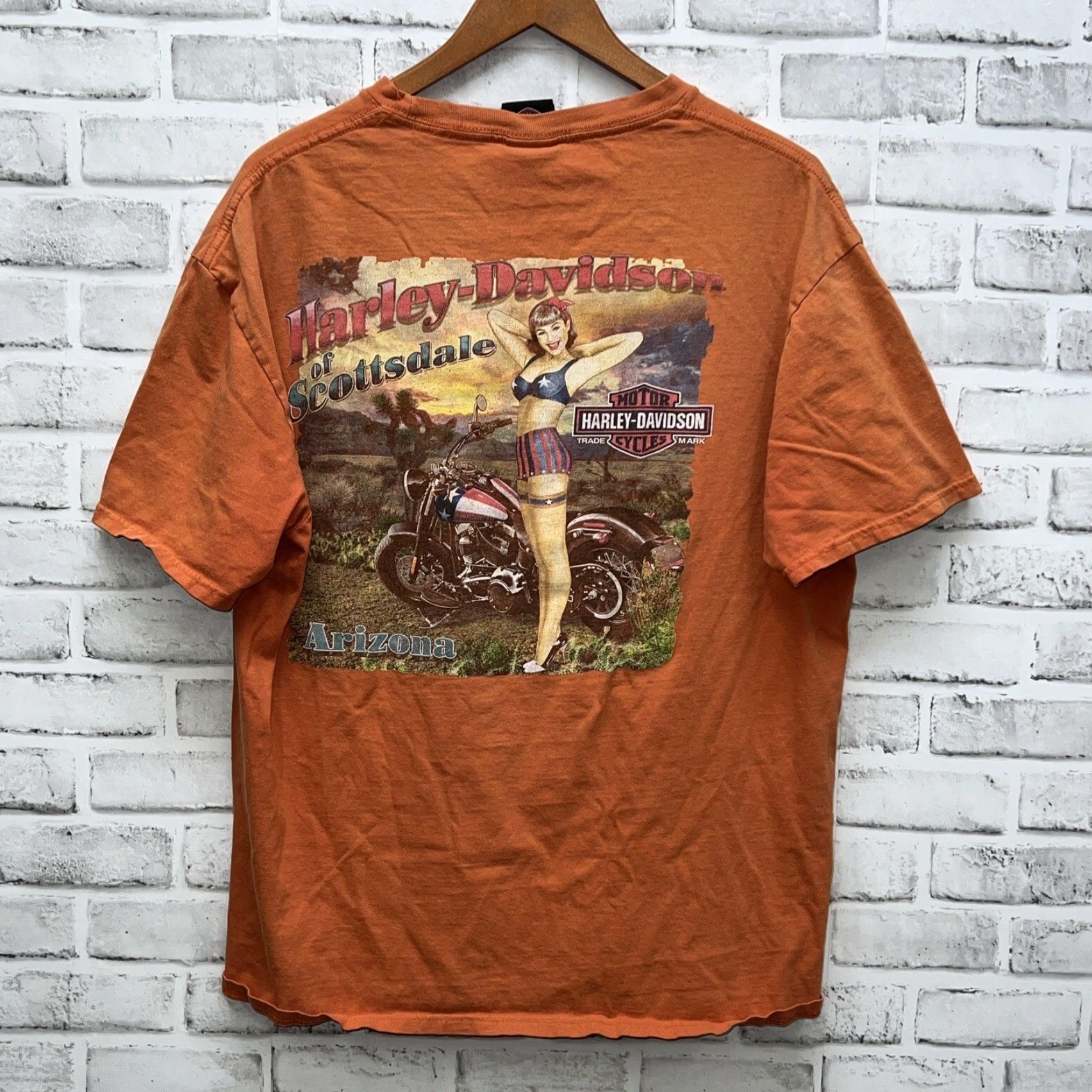 Harley Davidson VINTAGE Harley-Davidson T-Shirt Orange Graphic Mens XL Hole in Front Size US XL / EU 56 / 4 - 4 Thumbnail