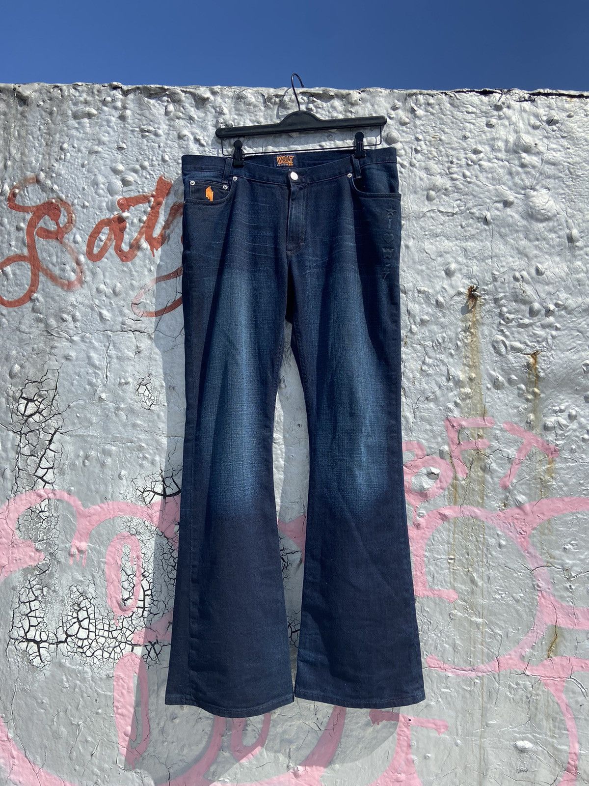 image of W Lt Walter Van Beirendonck 90’S W&lt Flared Long Denim in Navy/Orange, Men's (Size 36)