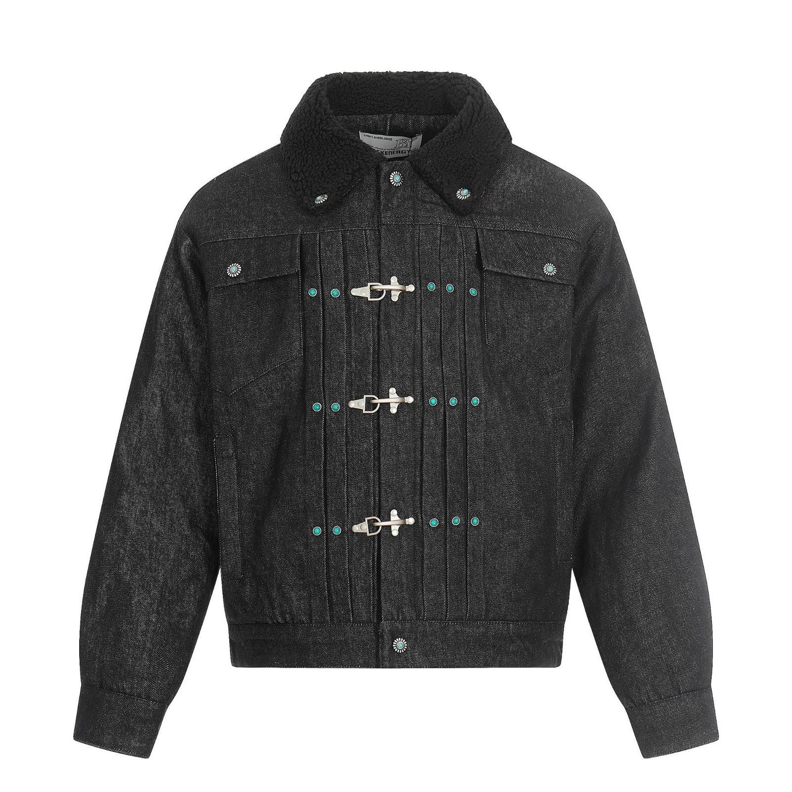 Black Sherpa-Lined Fireman Clasp Denim Jacket