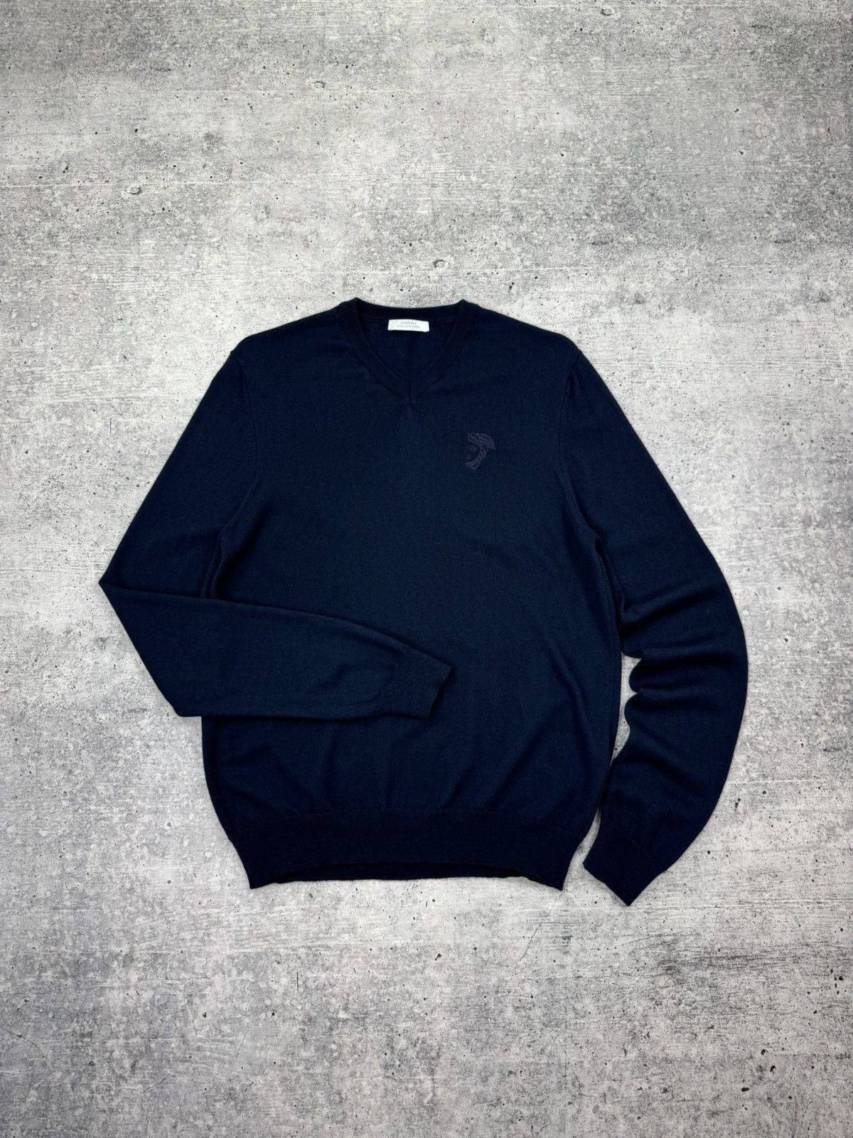 Vintage Gianni Versace V-Neck Blue Wool Sweater Jumper Y2K