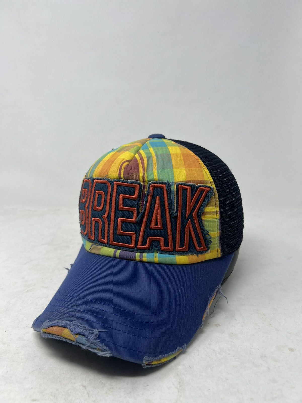 Japanese Brand Plaid "BREAK" Distressed Embroidered Streetwear Trucker Hat Size ONE SIZE - 1 Thumbnail