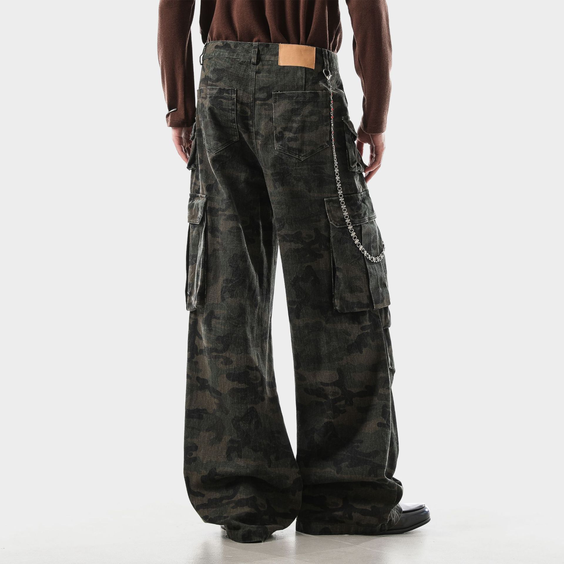 Japanese Brand Dark Green Camo Stacked Flared Cargo Pants, Wide Leg Pants Size US 32 / EU 48 - 5 Thumbnail