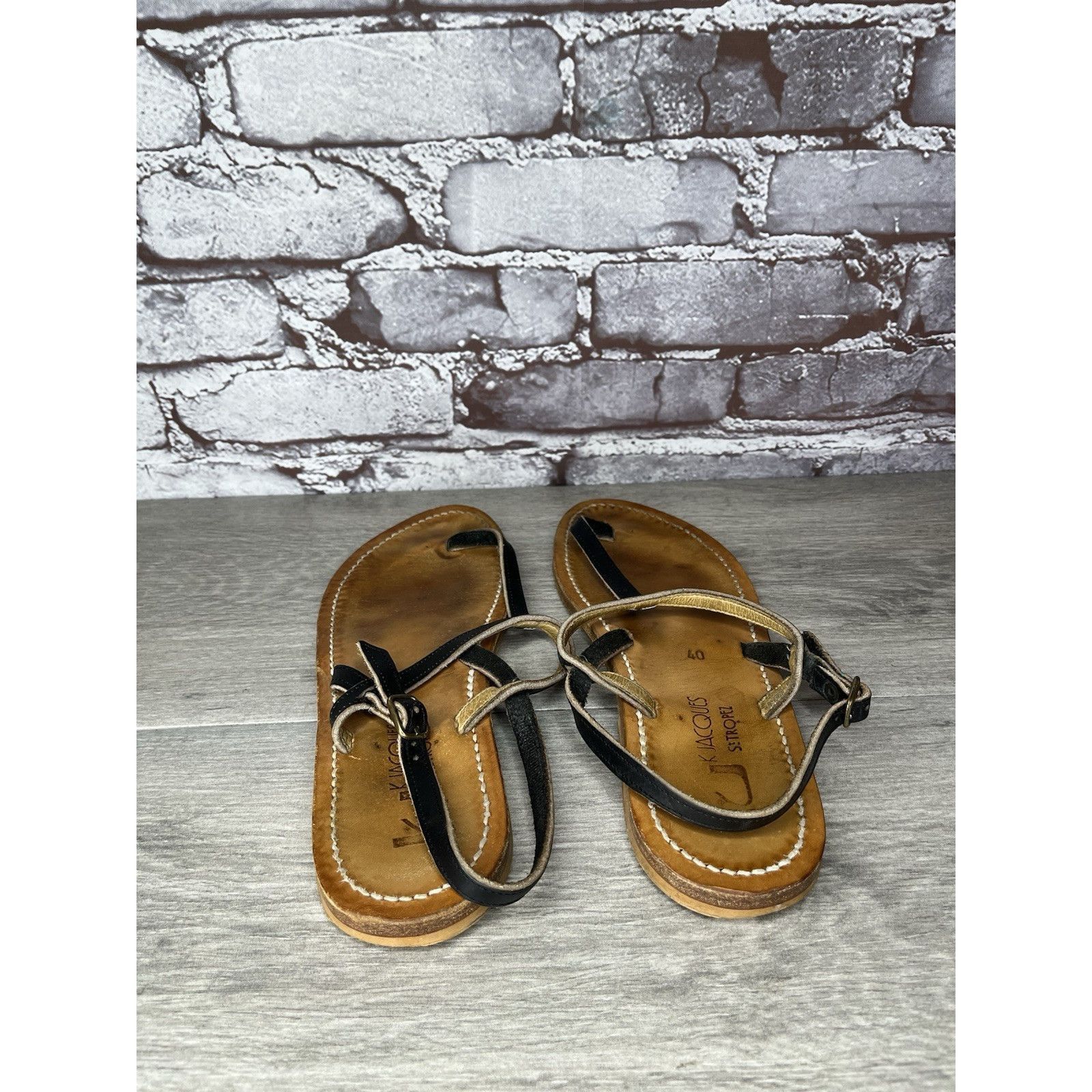 Jacques Lemans K Jacques Picon Black Leather Flat Thong Strap Sandals Women Size US 9.5 / IT 39.5 - 5 Thumbnail