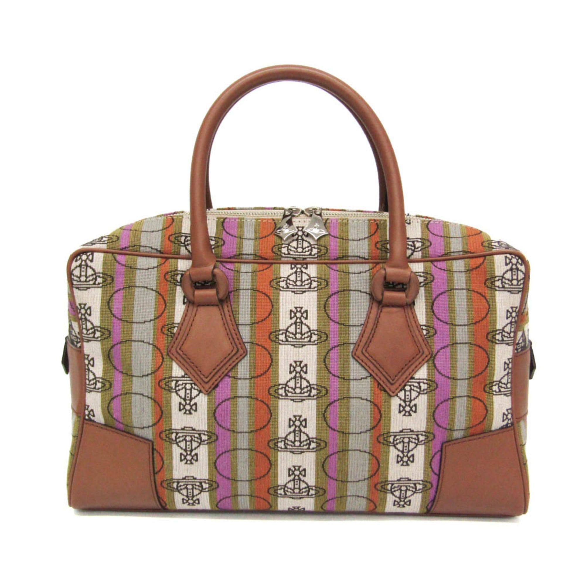 Vivienne Westwood Vivienne Westwood Orb Stripe Small Boston Bag Women's Nylon,Leather Boston Bag,Handbag Brown,Green Size ONE SIZE - 1 Thumbnail